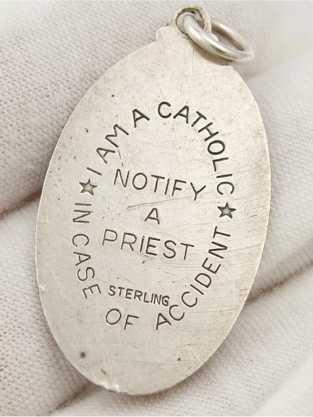 Vintage Sterling Silver “I am a Catholic, Notify a Priest” Necklace Pendant